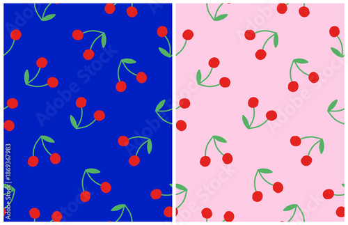 Cute Cherry Seamless Vector Pattern. Hand Drawn Cherries Isolated On A Pastel Pink And Dark Blue Background. Childish Drawing-like Fruits Print. Repeat Vector Design With Cherries.