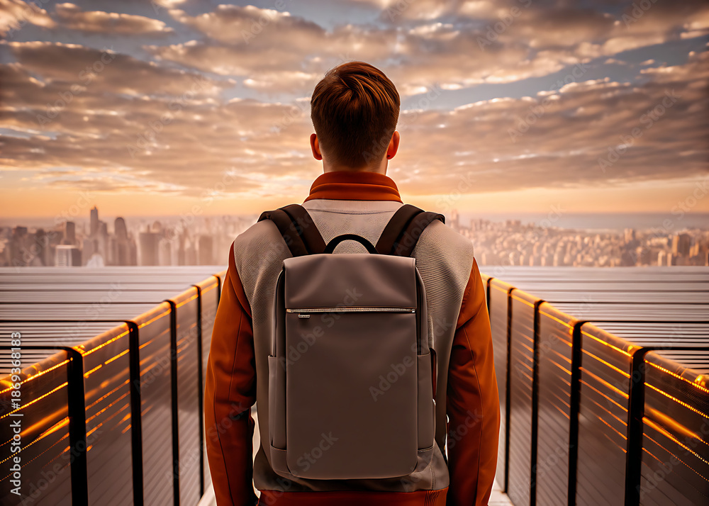 Fototapeta premium Man With Backpack Looking At City Skyline From Bridge At Sunset 