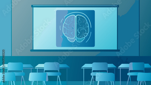 Flat vector illustration of a medical training presentation in a classroom setting