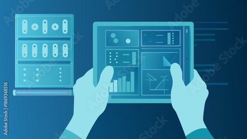 Hands interacting with digital medical library interface on tablet device with server