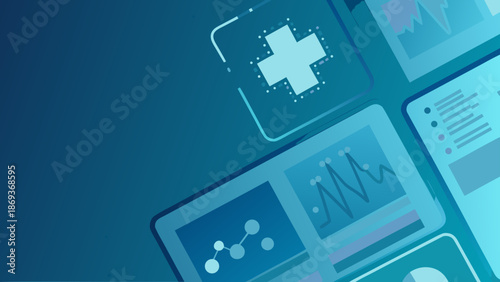 Vector illustration of a smart hospital system dashboard with medical icons and graphs