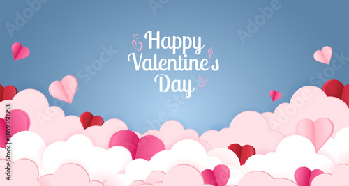 Valentine's Day banner with clouds and hearts in cut paper style.