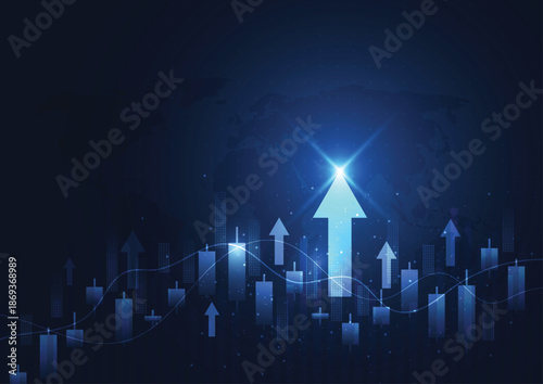 Business financial chart with moving up arrow graph in stock market on blue color background. Bullish point, Trend of graph. Vector illustration