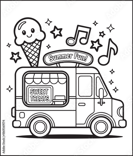 Cute kawaii ice cream van cartoon line art vector for kids coloring page design