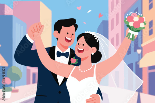 Joyful newlywed couple celebrating on city street with bouquet, raised arms, and floating pink hearts.
