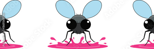 Cute cartoon flies standing on pink liquid splash, vector insect illustration for children’s designs and educational materials