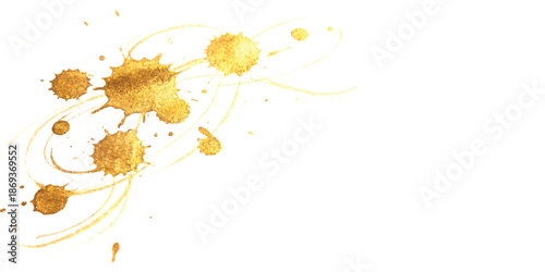Elegant abstract gold paint splatters and delicate swirls on a clean white background