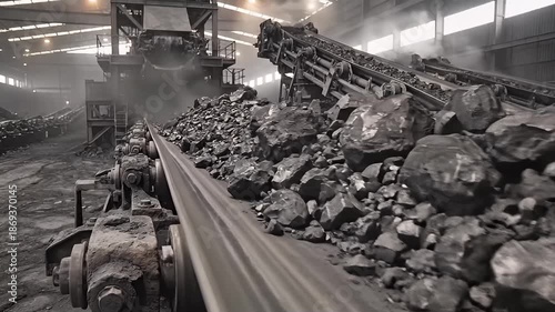 A dynamic, wide shot captures the robust industrial activity within a large-scale factory or processing plant, showcasing an automated conveyor belt system in full operation. Large quantities of raw m