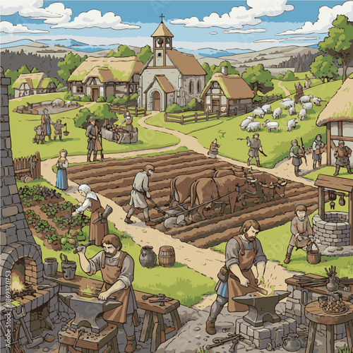 Medieval Village Life Illustration with Blacksmiths, Farmers Plowing Field, and Rural Community Architecture