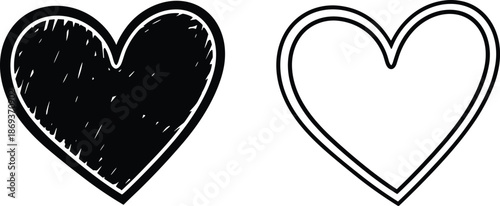 Black Scribbled Heart and Outline Heart on White Background hearts love