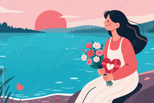 Person by lake at sunset holding bouquet and heart shaped gift in serene romantic scene.