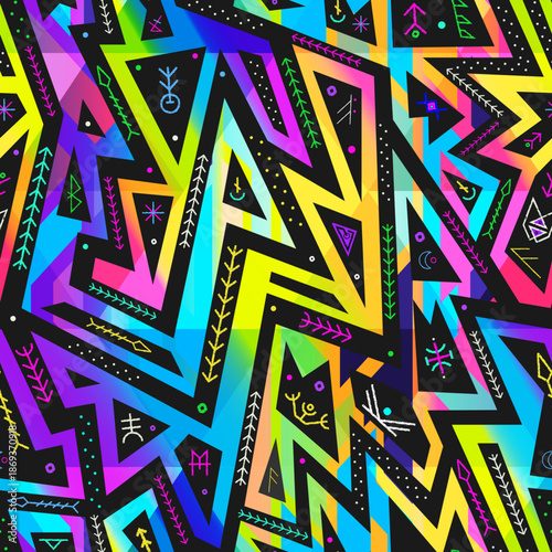 Neon Tribal Geometric Cyberpunk Pattern
