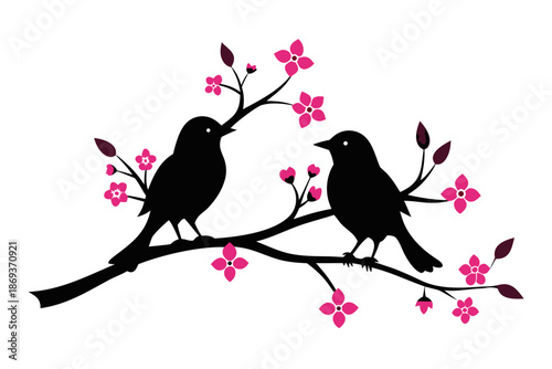 Bird Perched on Blossom Branch Silhouette Vector Design, Spring Floral Nature Illustration Isolated on White Background