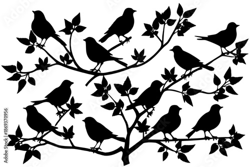 Bird sitting on blooming branch silhouette bundle  vector illustration isolated on white background
