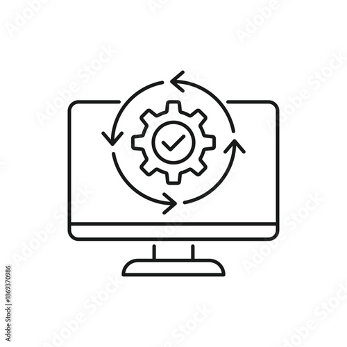 pc software icon, data synchronize icon, computer automatic update, process bar, thin line symbol on white background - editable stroke vector illustration