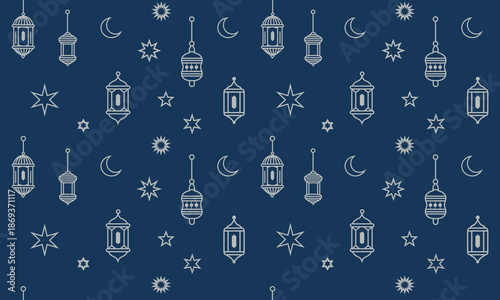 Elegant white lanterns and celestial icons on dark blue background