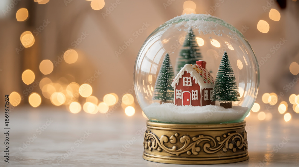 Obraz premium A charming snow globe with a festive red house and pine trees, illuminated by warm bokeh lights