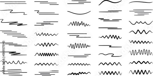 Collection of Hand Drawn Line Art Elements and Wave Forms Keywords: line art, hand drawn, wavy lines, straight lines, horizontal