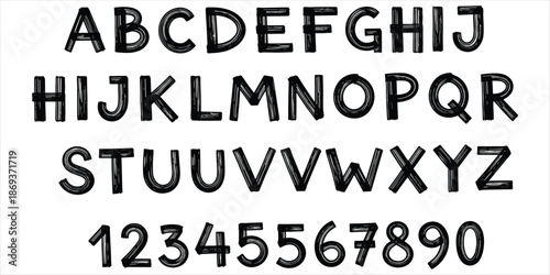 Complete alphabet A to Z and numbers 0 to 9 in hand drawn black font on white Keywords: alphabet, letters, numbers, font, hand