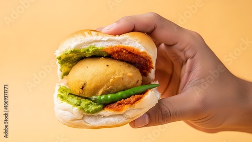 hand holding vada pav sandwich