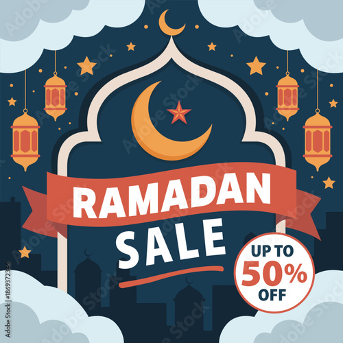 Ramadan sale banner with mosque arch and lanterns
