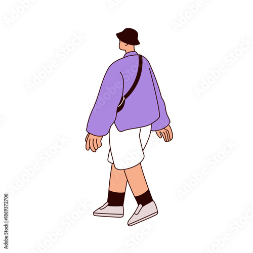 Man walking outdoors. Young male in summer outfit, panama hat, shorts, cross-body bag and sneakers, strolling in casual modern style, back view. Flat vector illustration isolated on white background