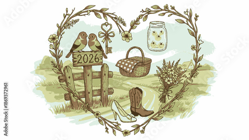 Vintage style heart shaped wedding illustration with floral wreath and romantic elements.