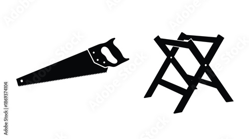 Black and white illustration of a handsaw and a wooden sawhorse