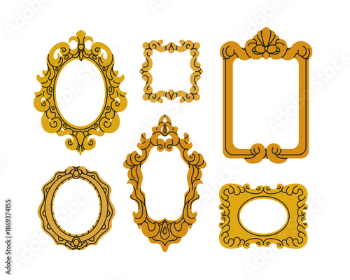 Antique vintage picture frames set. Ornate decorative borders, baguettes with baroque and classic decorations for art gallery, historic museum. Flat vector illustration isolated on white background