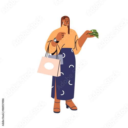 Woman shopping, buying purchase in bags, giving cash money for payment. Female holding banknote in hand. Customer, buyer shopper in fashion store. Flat vector illustration isolated on white background