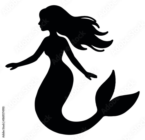 Stylized black silhouette illustration of a mermaid depicting an elegant pose for fantasy and underwater themes
