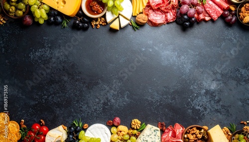 A variety of meat and cheese snacks. Top view bottom border with copy space on a slate stone banner background