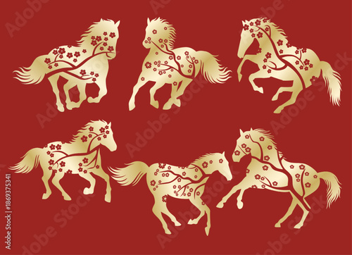 Golden horses with floral designs gallop on red backdrop suitable for elegance in design, fashion, or culturalthemed projects.