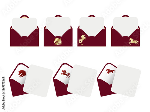 Maroon envelopes and white cards with horse designs, perfect for stationery businesses and equestrian events marketing materials.