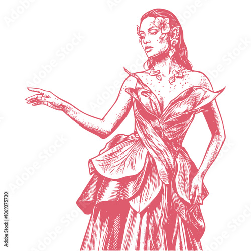 A beautiful elf or fairy woman in a lavish gown made of leaves and flower petals. Hand-drawn fantasy character vector in a vintage engraving sketch style.