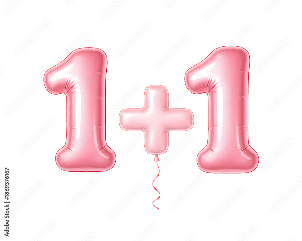 Obraz premium Pink balloon one plus one love formula concept, romantic valentine 3d symbols isolated on transparent background