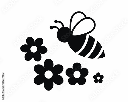 Bee flying near flowers silhouette, spring pollination theme isolated on white background