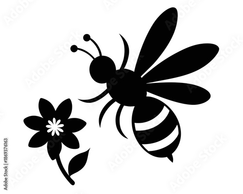 Bee flying near flowers silhouette, spring pollination theme isolated on white background