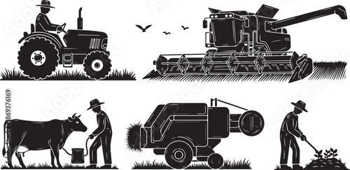 Agricultural farming illustrations with silhouettes of people and machines