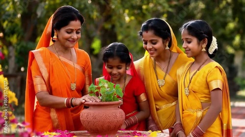 A group of indian women and girls performing a traditional ritual around a tulsi plant