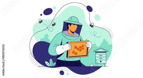 Beekeeper in Protective Suit Holding Honeycomb.