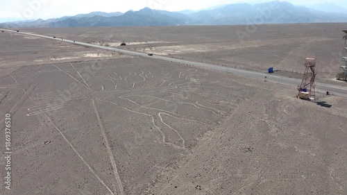 Nasca Lines viewing platform with the tree in the desert of Peru, Aerial