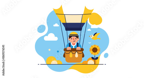 Cartoon Man Flying Hot Air Balloon.