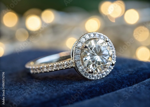 A sparkling diamond engagement ring rests on a luxurious velvet surface