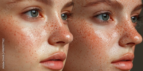 Side-by-side extreme close-ups of two human eyes showing different skin textures and eyebrow details under lighting. Generative by AI.