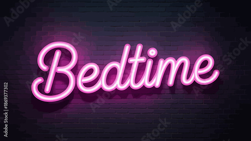 Neon Bedtime Sign Illuminated on Dark Brick Wall