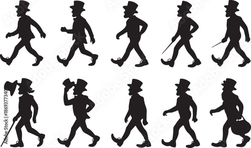 Ten Black Silhouette Figures of a Gentleman Walking and Holding Accessories on White vector illustration