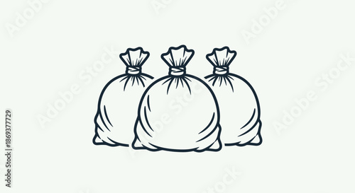 Simple black and white line art illustration of three large sacks or bags tied at the top with rope sitting together on a plain light background.
