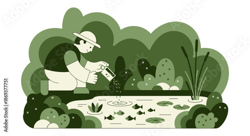 Gardener Examining Plants in a Pond.