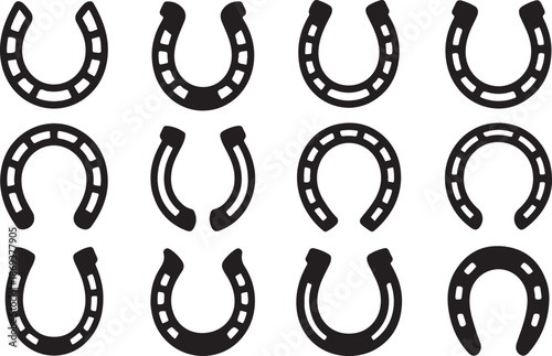 Twelve black horseshoe icons and symbols in different styles and orientations luck fortune